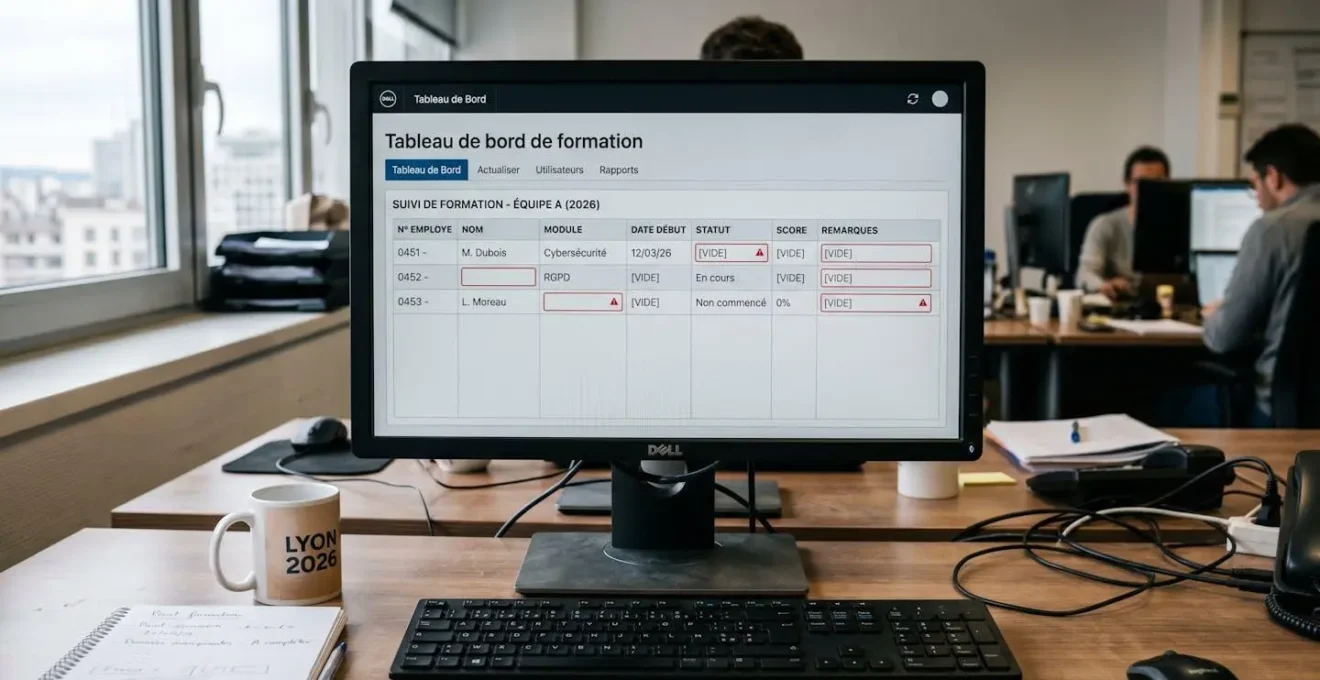 Gros plan d'un écran d'ordinateur affichant un tableau de bord formation incomplet avec cellules vides et indicateurs manquants sur un bureau administratif