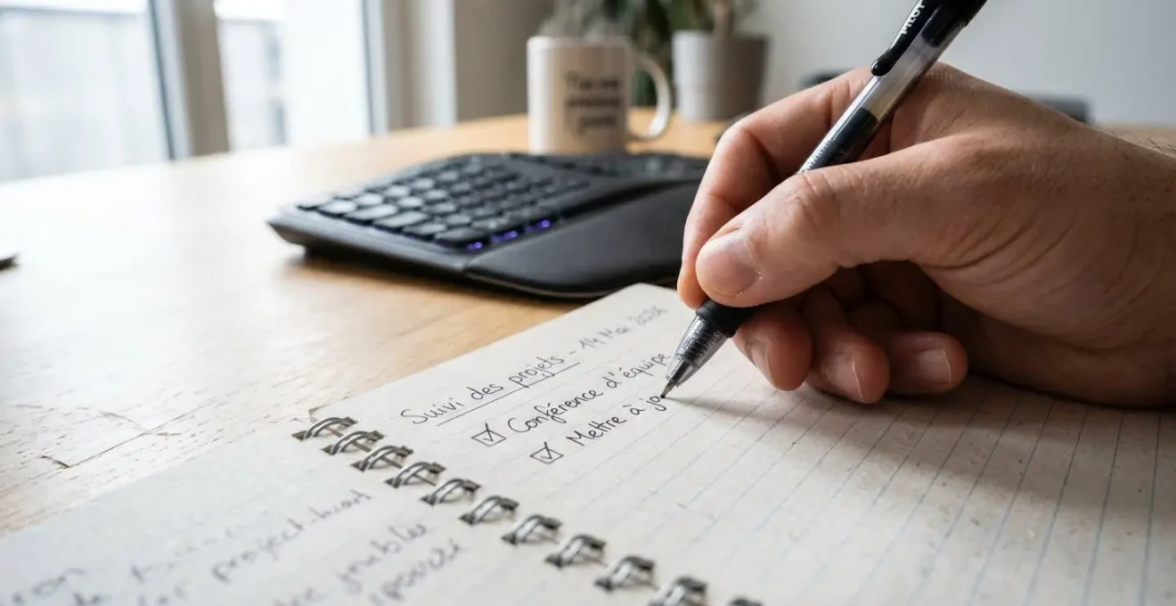 Gros plan d'une main écrivant sur une checklist papier posée sur un bureau contemporain avec un clavier d'ordinateur flouté en arrière-plan