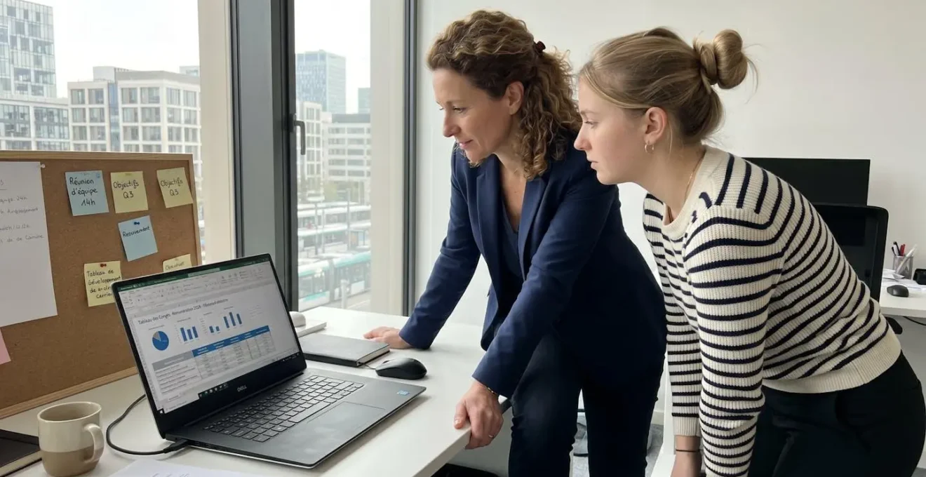 Une responsable RH vue de profil discute avec un collaborateur devant un écran d'ordinateur dans un bureau moderne éclairé par la lumière naturelle