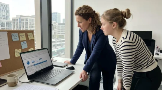 Une responsable RH vue de profil discute avec un collaborateur devant un écran d'ordinateur dans un bureau moderne éclairé par la lumière naturelle