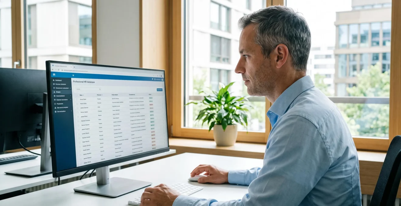 Consultant en recrutement analysant des profils de candidats sur interface de base de données professionnelle dans un bureau moderne de Zurich