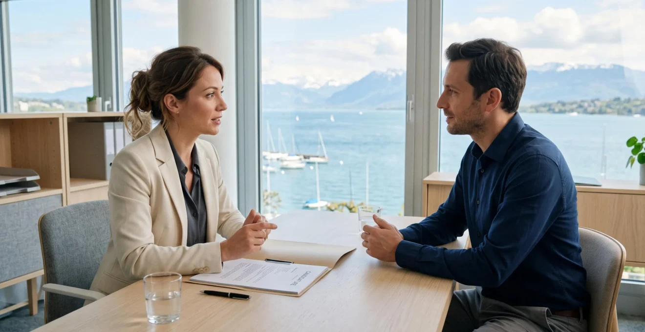 Consultante RH menant un entretien de recrutement professionnel avec un candidat dans un bureau contemporain lumineux à Genève, vue sur le lac Léman en arrière-plan