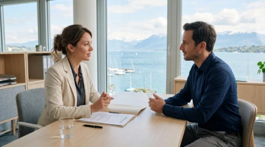 Consultante RH menant un entretien de recrutement professionnel avec un candidat dans un bureau contemporain lumineux à Genève, vue sur le lac Léman en arrière-plan