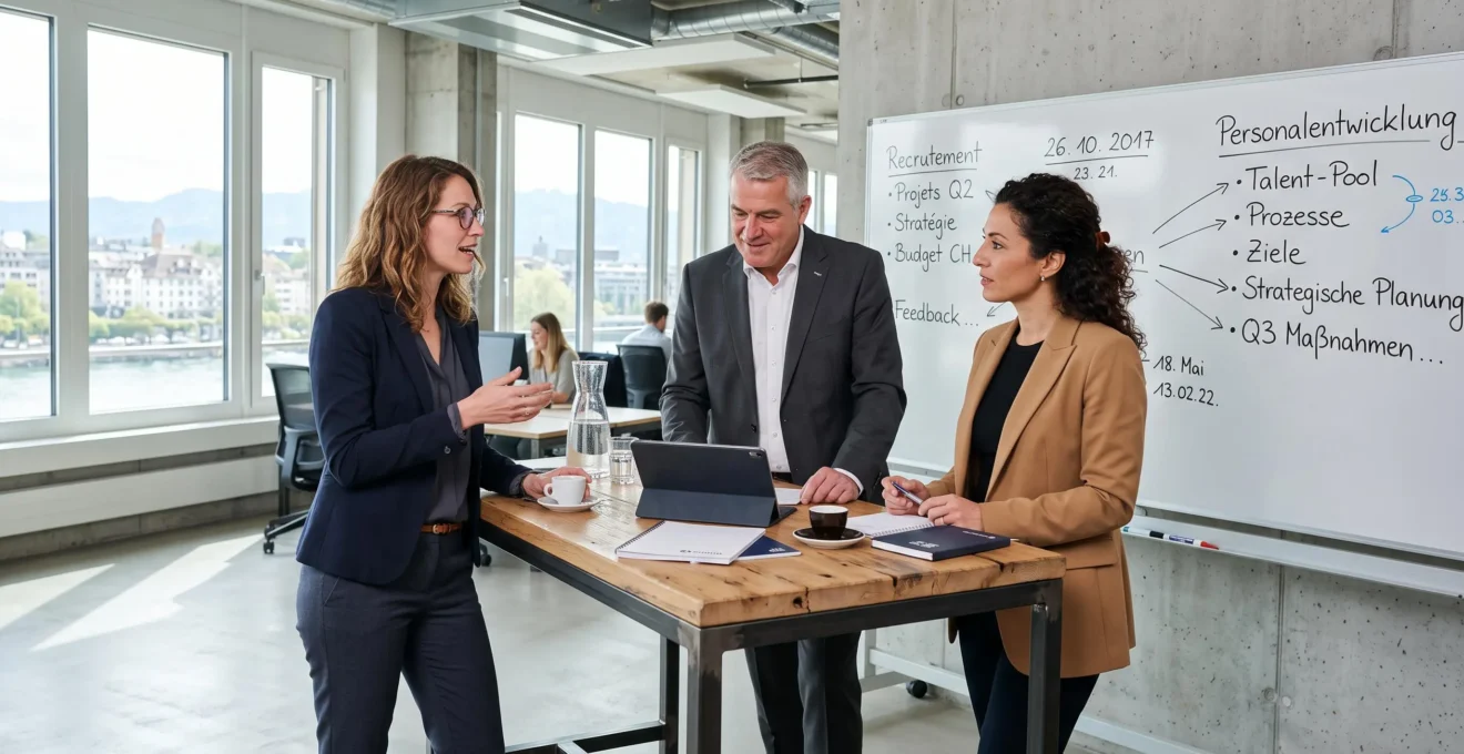 Trois consultants RH de profils linguistiques différents en réunion collaborative dans un espace de coworking moderne en Suisse, tableau avec notes multilingues visible