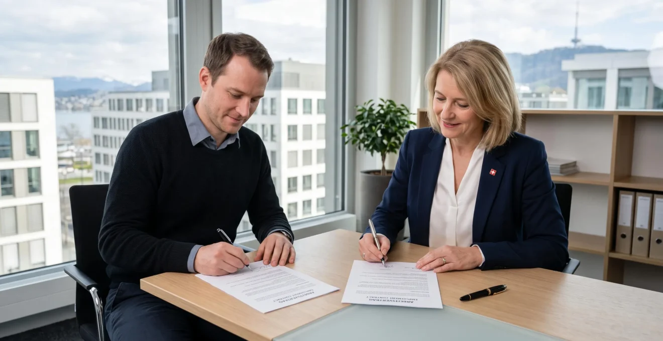 Dirigeant d'entreprise et nouveau collaborateur signant un contrat de travail dans un bureau moderne en Suisse après un recrutement réussi
